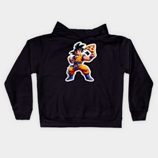 Goku striking a heroic pose with a pizza Kids Hoodie